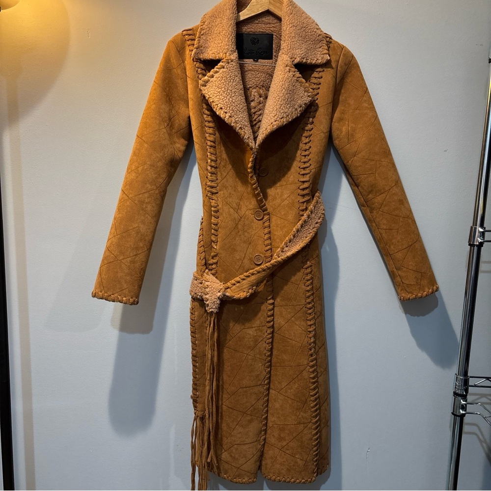 Lily Rose Women Tan Faux Suede Long Sleeve Coat Patchwork Boho Americana Small